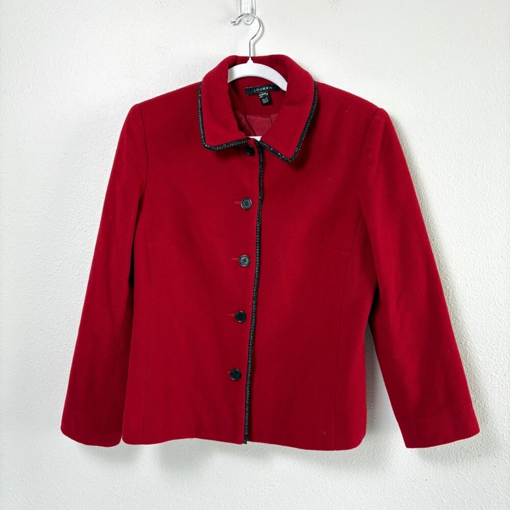 Louben Blazer Womens 10 Red Black Trim Wool Cashmere Button Front‎ Jacket